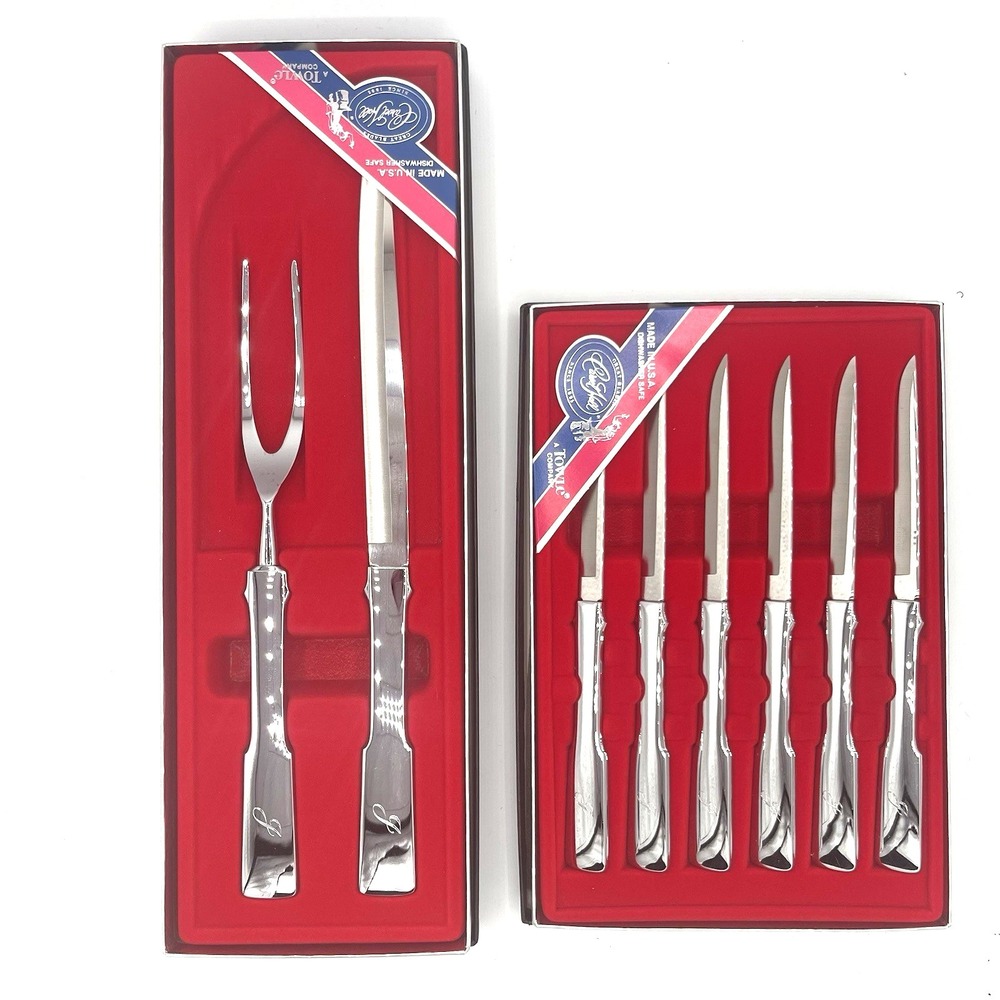 Vintage 60's 70's Carvel Hall Towle 2‎ Pc Carving Set + Steak Knives Inscribed J